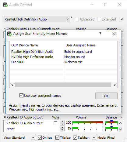 Audio Control Assign Mixer Names