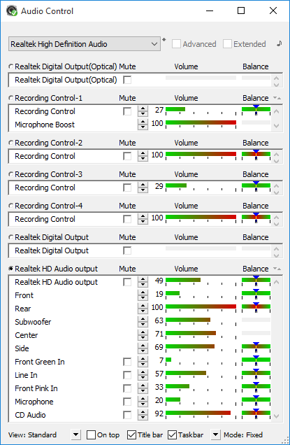Audio Control version 4 in Standard View Mode on Windows 10